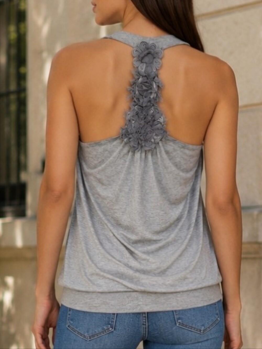 Gemstone Gray Drape Front Floral Accent Racerback Top